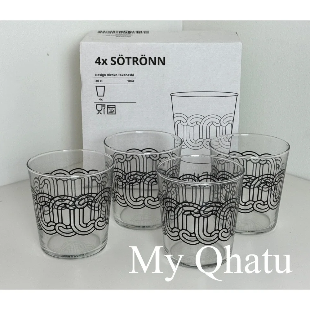 IKEA SOTRONN Hiroko Takahashi Glass Set 10oz Black Geometric Pattern 4 Pack NEW